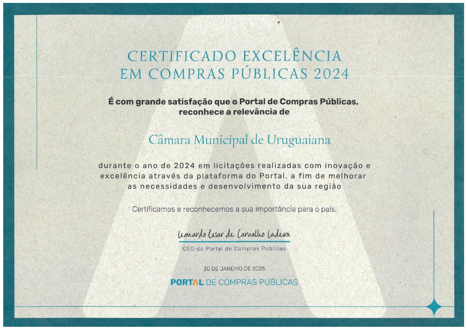 Câmara recebe Certificado de Excelência em Compras Públicas